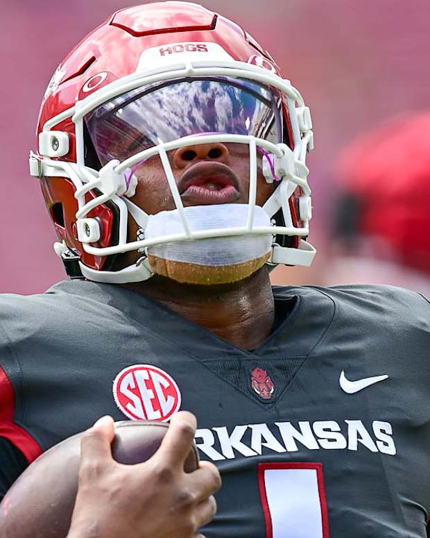 Razorbacks quarterback KJ Jefferson during last spring practice Saturday inside Razorback Stadium.